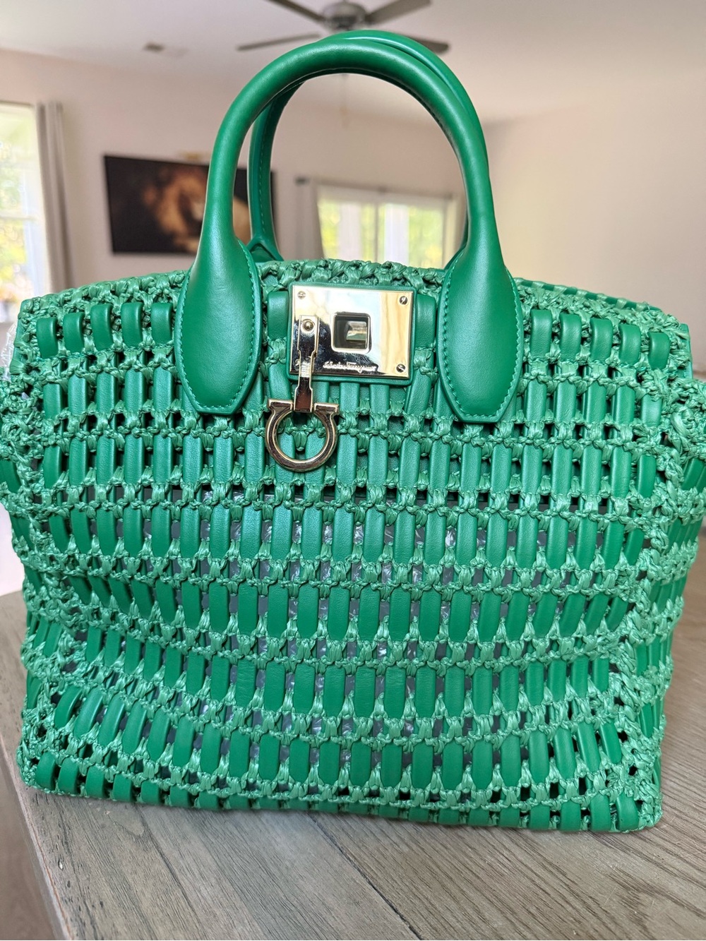 Salvatore Ferragamo Emerald Green Woven Leather & Knotted Raffia Studio Box Bag